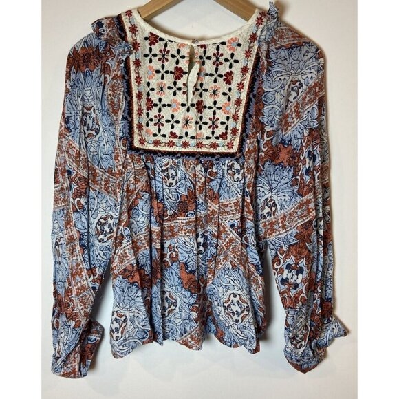 Anthropologie Seen Worn Rest Blouse Shirt Blue Orange Embroidery Medium M - Picture 4 of 5